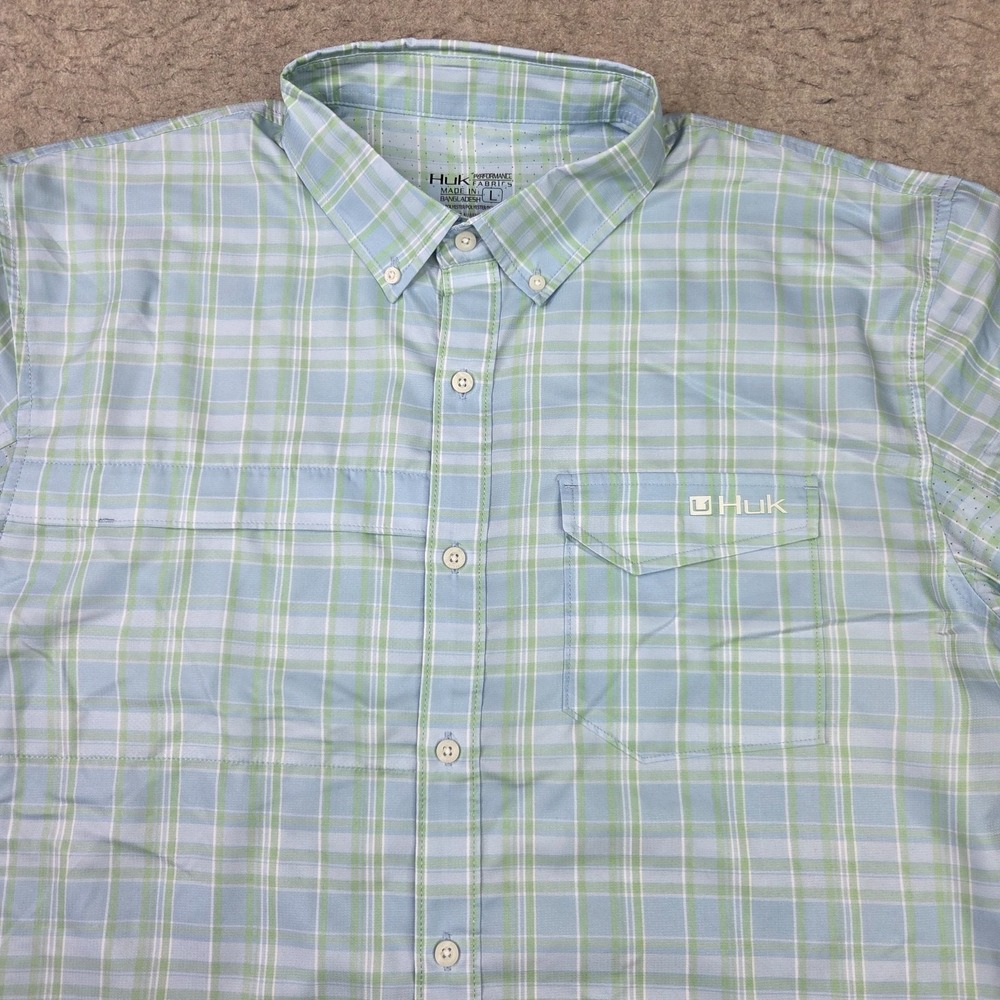 HUK Performance Fishing Shirt Mens L Blue Green Plaid Long Sleeve Button Down